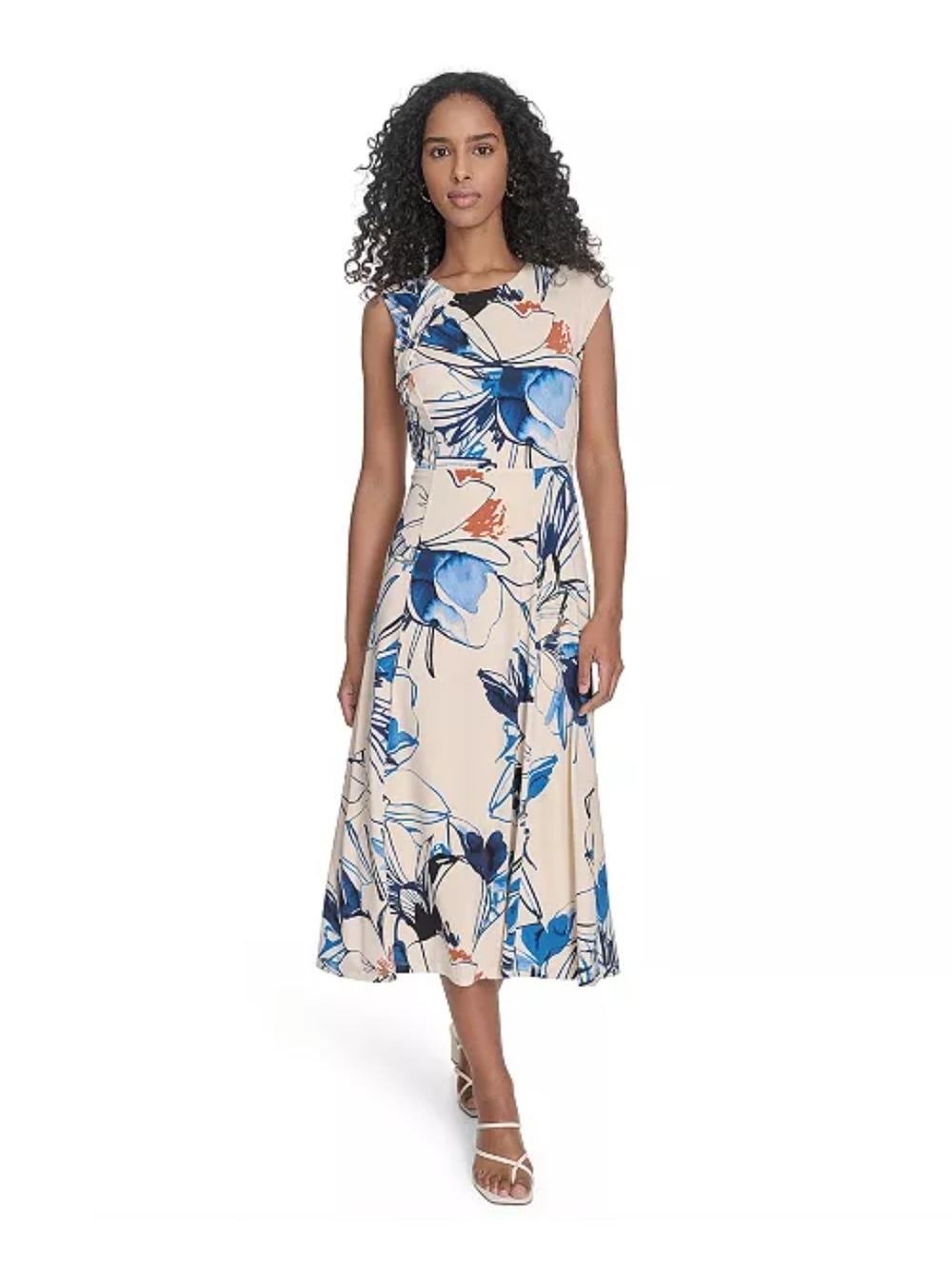 Calvin Klein Cream Midi Dress with Blue Floral Print